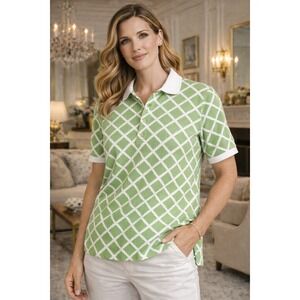 BROOKS BROTHERS Green Polo Shirt Short Sleeve Cotton Patterned Womens‎ M